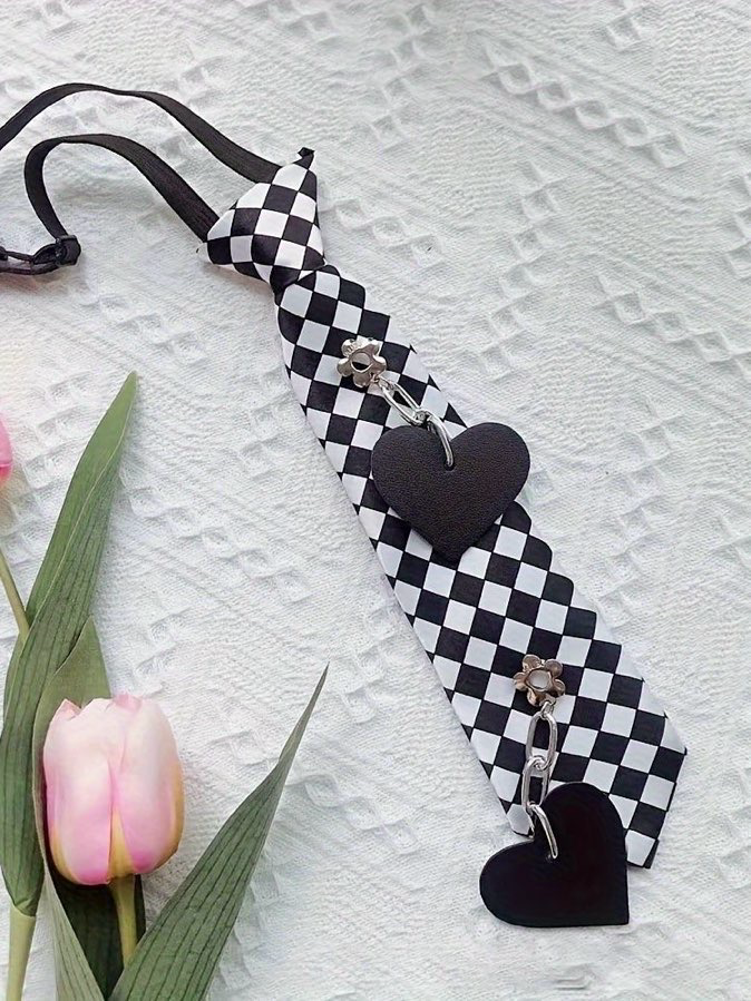 Chess Pattern Heartbeat Charm Tie