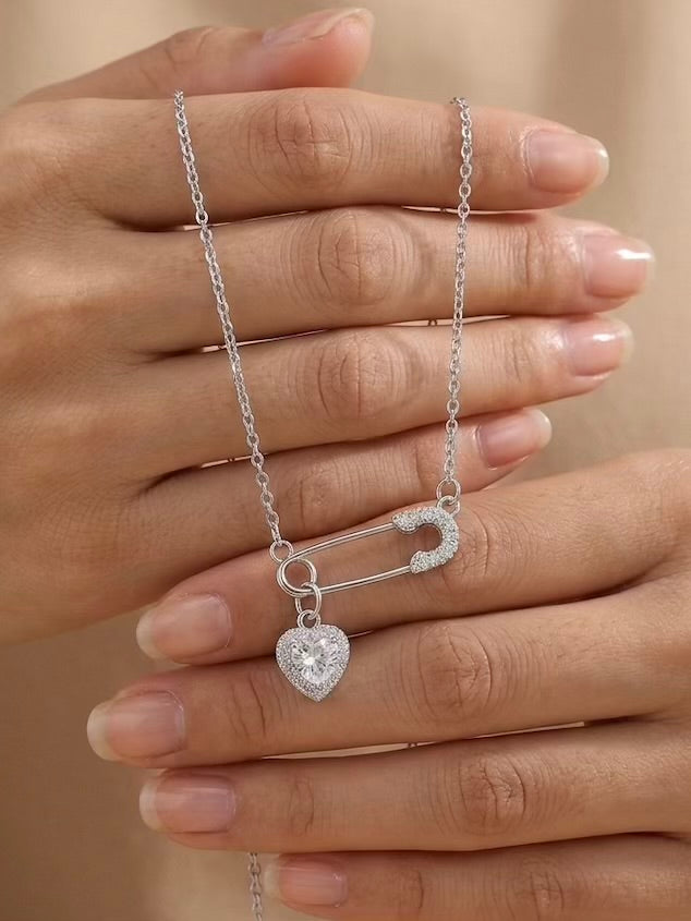 Safety Pin Silver Heart Necklace