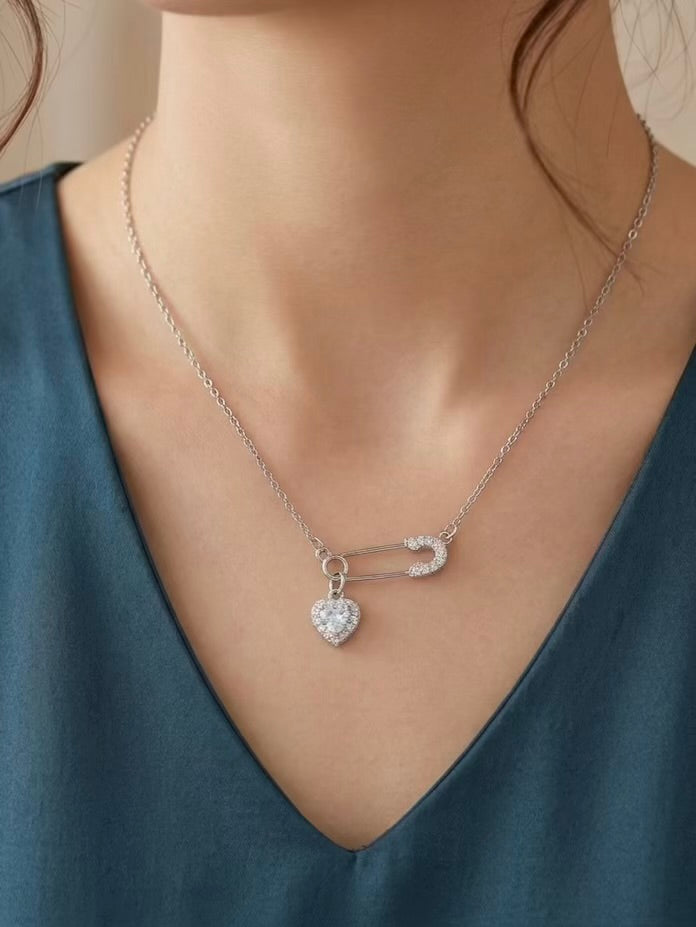 Safety Pin Silver Heart Necklace