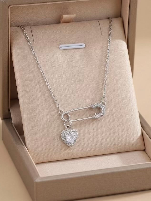 Safety Pin Silver Heart Necklace