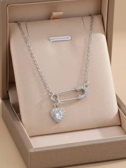 Safety Pin Silver Heart Necklace
