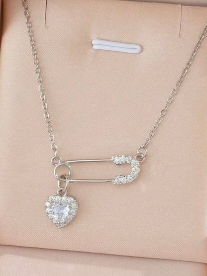 Safety Pin Silver Heart Necklace
