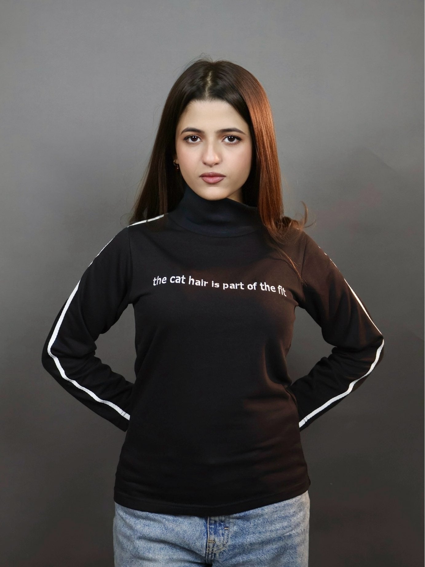 Black Cat Embroidered Mockneck